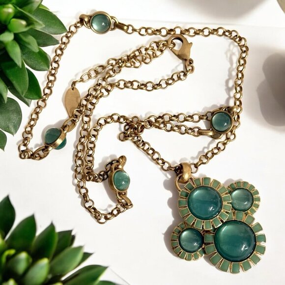 Vintage Coldwater Creek Green Cabochon Statement Necklace Gold Tone 32" - Picture 1 of 11